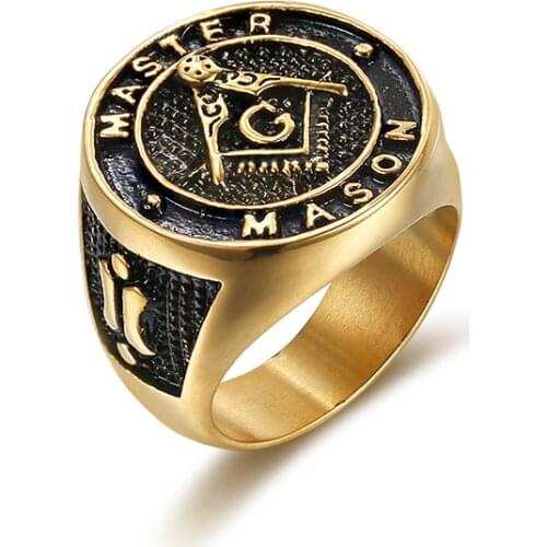 US 8 to 13 size Men Masonic Rings Quality 316L Stainless Steel Jewelry Wedding Band for Men Retro Gold color Punk Rings