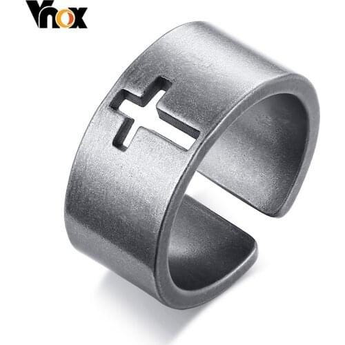 Vnox Vintage Hollow Cross Ring for Men Special Surface Finish Stainless Steel Open Finger Band Male Retro Jewelry