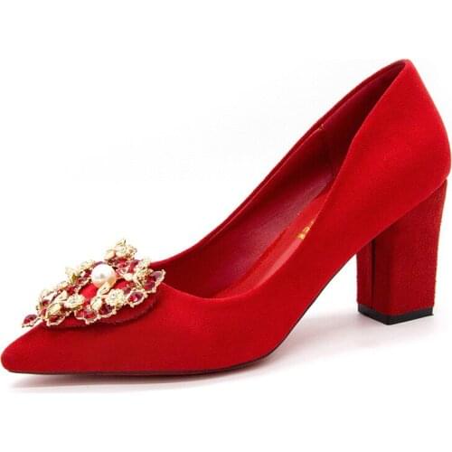 2021 New Women Pumps Red High Heel Wedding Shoes Elegant Pointed Toe Heart Rhinestone Ladies Pumps Women Dress Party Shoes