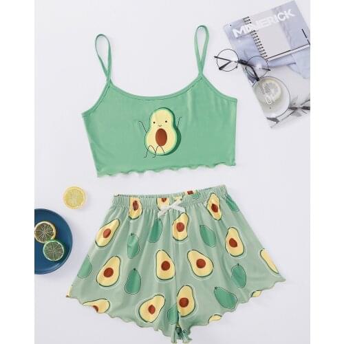 New Style Fashion Lady Summer Cartoon Avocardio Print Camisole With Shorts Pajama Set Comfort INS Home Wear Sleepwear Underwear
