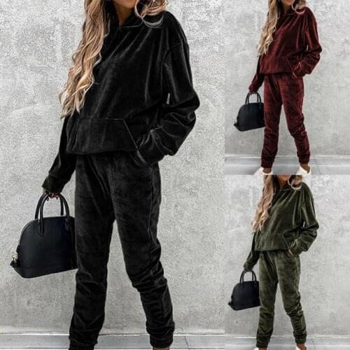 Tracksuit Solid Color Pockets Velvet Blouse Women Long Sleeve Hoodie Pants Sports Suit for Sports