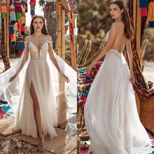 Wedding Gowns 2020 Spaghetti Lace Appliques Beads Wedding Dress Boho With Wrap Cape A Line High Split Chiffon Bridal Gowns