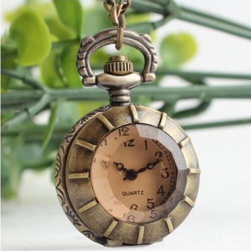 Vintage Bronze antiques Fashion quartz Dark brown glass Modern hours Necklace pocket watch