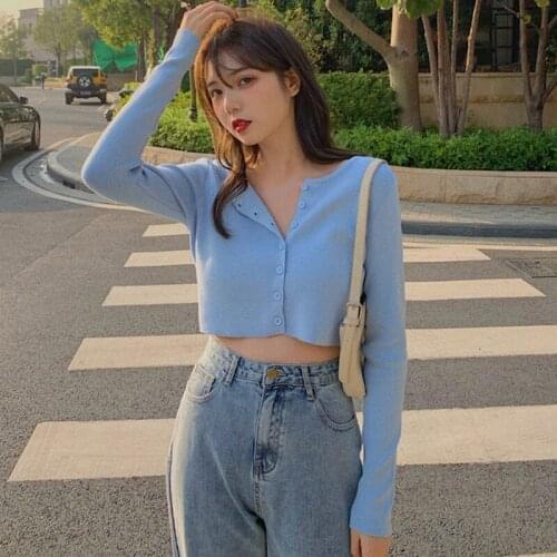 Women´s Casual Blouse Button Down Long Sleeve Knit Cropped Cardigan Sweater Autumn Tops Womens clothes Womens t-shirts