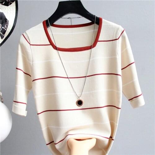 Short Sleeve Striped Knitted T Shirt Women Slim Thin 2021 Summer New Korean Fashion Casual Square Neck Tshirs Woman Tees Tops
