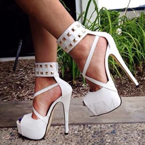 BERZIMER Women Platform Sandals Peep Toe Rivets Back Zip High Heels Sandals Ladies Zapa Pumps Shoes Woman Big Size 43 44 46 52