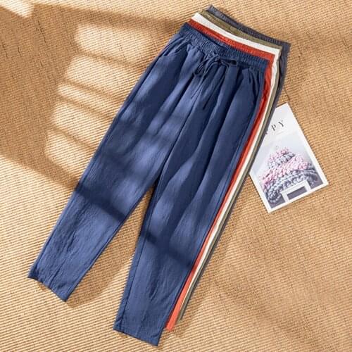 Womens Spring Summer Pants Cotton Linen Solid Elastic waist Candy Colors Harem Trousers Soft high quality for Female 2251340