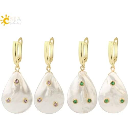 CSJA Water Drop Shaped Freshwater Pearl Dangle Earrings Rhinestone Gold Color Korean Fashion Lady Earring Statement Jewelry G257