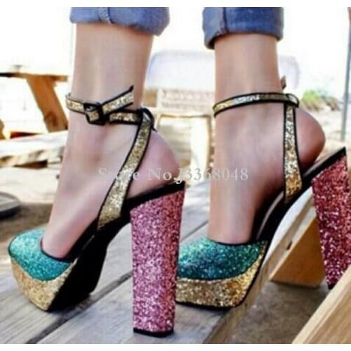 2018 Shoes Woman Heels Metallic Platform Sandals Ankle Strap Chunky Heel Bling Bling Glitter Mixed Colors Sandals Size 35-42