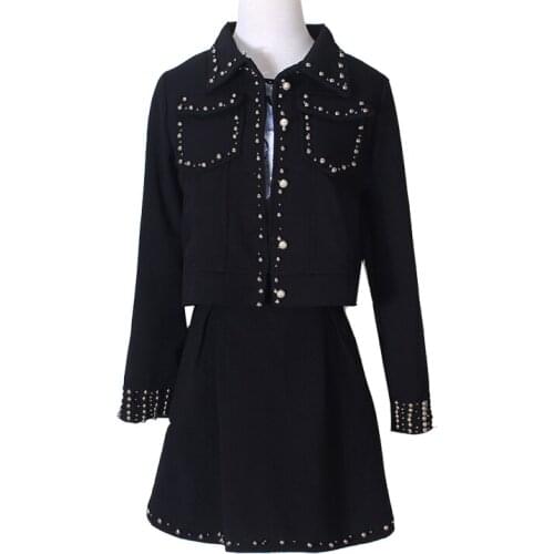 PERHAPS U Women Black Beading Pearls Jacket Mini Skirt Zipper Pencil 2 Two Pieces Set Elegant Winter Turn Down Collar T0041