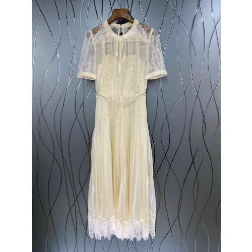 Newest Fashion Long Dress 2021 Summer High Quality Clothing Women Lace Patchwork Short Sleeve Apricot Green Pleated Dress Maxi