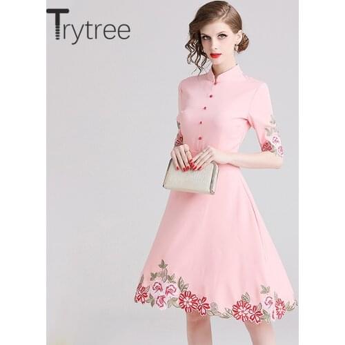 Trytree Summer Elegant Dress High street Embroidery women Polyester dresses Knee-Length A-Line Office Lady Casual tshirt Dresses