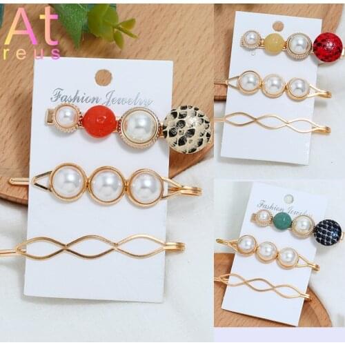 3pcs Korea Fashion Women Metal Hair Pins Imitation Pearl Mermaid Fish Scale Beads Hair Clips Rhombus Geometric Hair Accessories