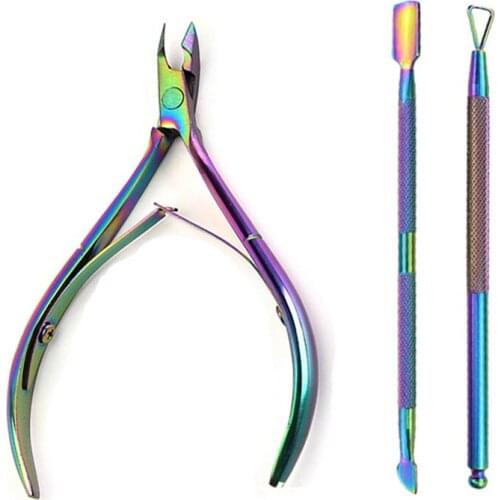 3pcs/bag Rainbow Gradient Color Stainless Steel Cuticle Remover Pusher Scissor Nail Tools Set Finger Dead Skin Nipper Clipper