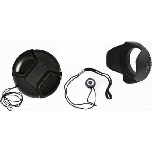 49 52 55 58 62 67 72 77 86mm center pinch Snap-on cap cover + lens cap line + lens hood for Canon Nikon