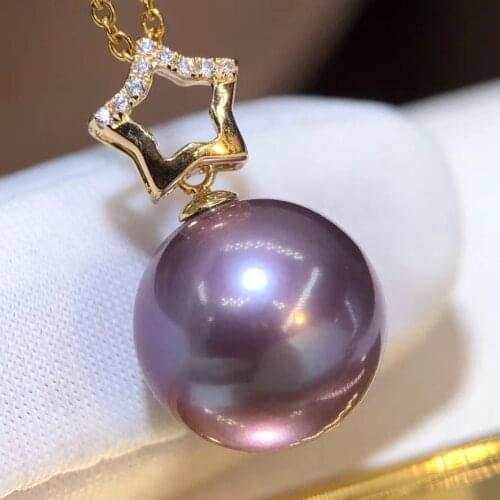 D727 Pearl Pendant Fine Jewelry Solid 18K Gold Round 12-13mm Nature Fresh Water Edison Purple Pearls Pendants Necklaces Women