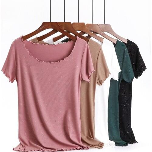 Hot Summer Ultra-thin T Shirt Shiny Lurex Women Casual Solid O-Neck Short Sleeves Tops Female Breathable Elasticity