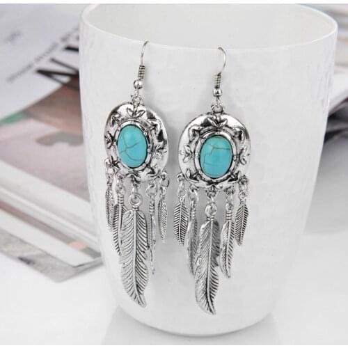 FYSL Silver Plated Oval Turquoises Stone with Alloy Leaf Dangle Earrings for Women Trendy Jewelry