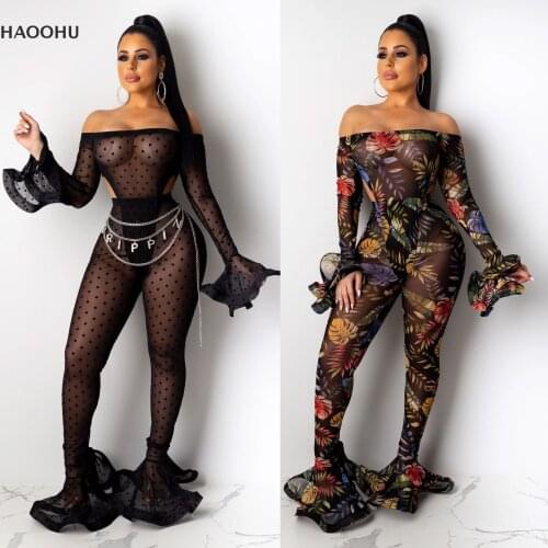 HAOOHU Womens Clothing New Style Hot Sale Womens fashion Casual Transparent Sexy Digital Printing Jumpsuit