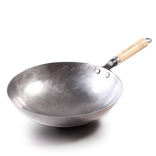 Hand Forged Iron Wok, Profession Chinese Traditional Wok Pan Household Kitchen Cookware with Wooden Handles, No Fumes, Non-Stick