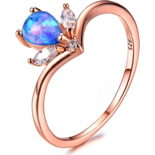 Bamos Blue/White/Purple Fire Opal Flower Ring Vintage Rose Gold Filled Wedding Rings For Women Luxury Birthstone Jewelry