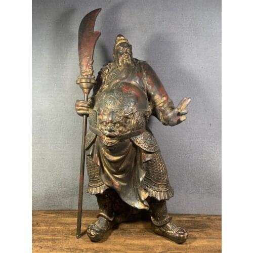 21"Chinese temple collection Old Bronze Cinnabar Lacquer Wu Caishen Guan Gong Statue Guan Yu Standing Buddha Ornaments