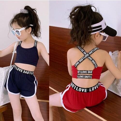 Girls Suspender Vest Set 2021 Summer Fashion Short Style Ribbon Tops + Shorts Sports Two Piece Sets Boutique Kids Clothing