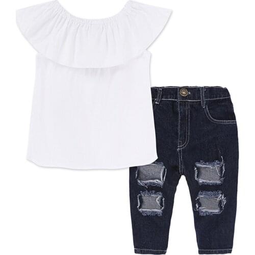 2Pcs Toddlers Summer Tracksuits, Solid Color Off-Shoulder Tops + Ripped Jeans Suit for Little Girls, 9 Months to 7 Years
