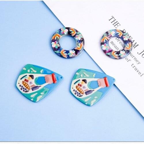 Min 30pcs/lot Relief effect cartoon flowers pattern print geometry rounds/water drop shape acrylic beads diy earring accessory