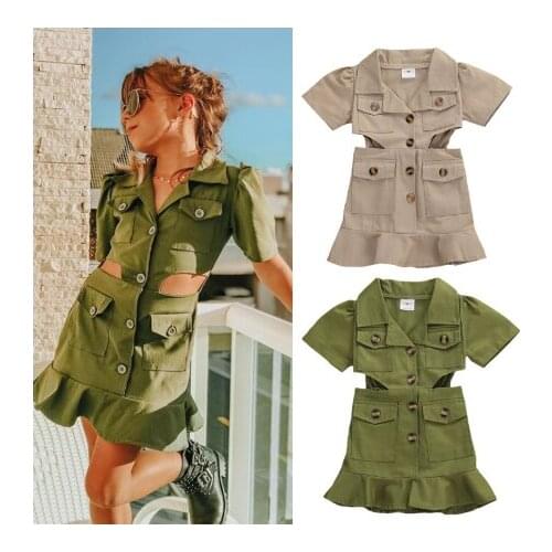 2020 Fashion Summer Kids Girls Dress 2-7Y Solid Button Pocket Turn Down Collar Mini Dress 2 Colors