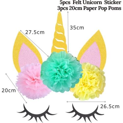 1set Birthday Unicorn Party Decor DIY Unicorn Horn Eyelashes Ear Wall Sticker Paper Pom Poms Baby Shower Party Backdrop Supplies