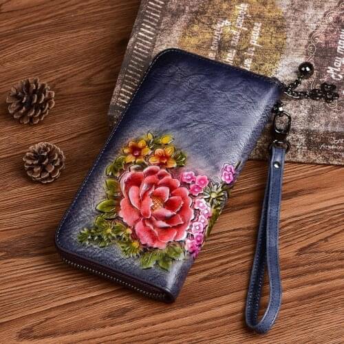 2021 Spring New Chinese Style Retro Women Purse Genuine Leather Long Zipper Wallet Card Holder Handmade Embossed Clutch Bags