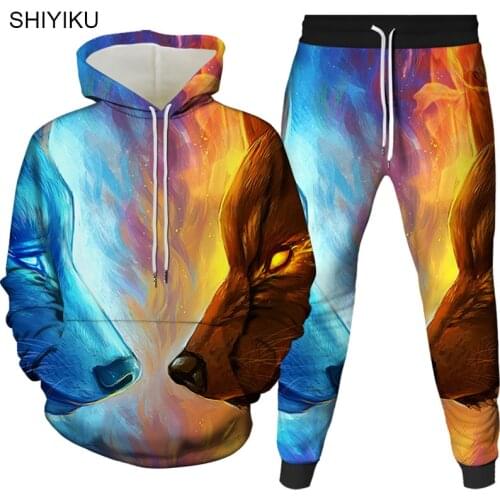 SHIYIKU Autumn Winter Wolf 3D Digital Printing Hoodie Brand Men Women Pullover Sportswear Pants Casual Sweater Two-Piece Suit