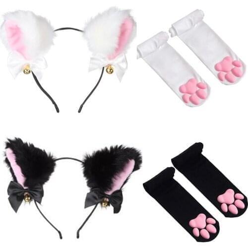 1set Cat Ear Headband With 3d Big Paw Stocking Plush Furry Headwear Dress Hairband Halloween Kawaii Accessories Cosplay Headwear