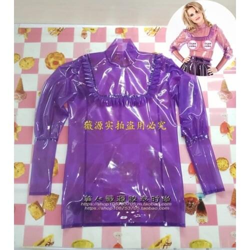 Transparent Purple Latex Blouse Top Long Sleeve Ruffles Lace Design Fetish