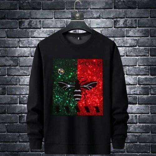 Plus Size 2021 Men Bee Rhinestones Hoodie Sweatshirt Fashion Streetwear Full Rib Slim Pullover Hoodie O Neck Mens Autumn Clothes