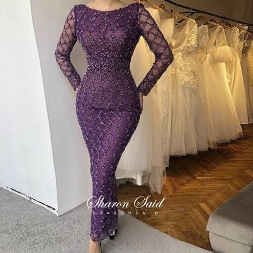 Luxury Purple Beads Arabic Evening Dresses Long Sleeve Muslim Women for Wedding Party Dress Ankle Length Dubai Formal Prom Gowns