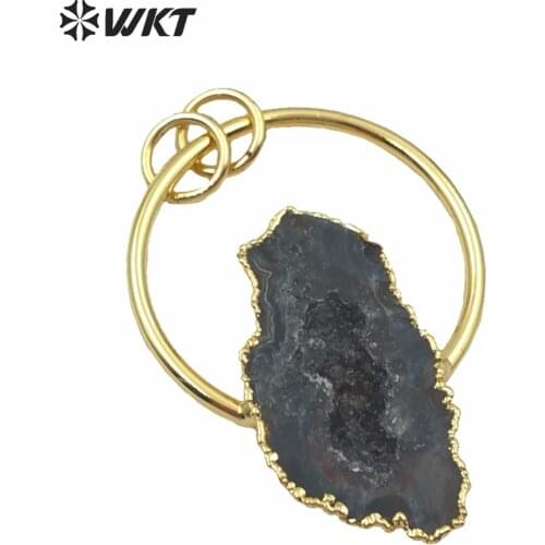 WT-P1455 WKT Gold Electroplated Natural Druzy Geode Stone Double Hoops Pendant Women Fashion Necklace Pendant Jewelry