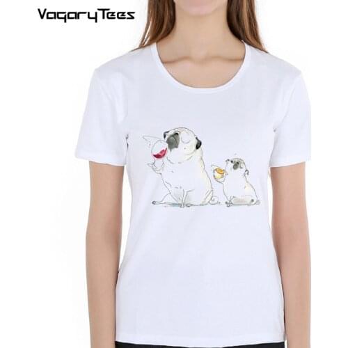 Funny Cute Pug Drinking Wine Cartoon Print T-Shirts Women White Tops Soft Parody Women T Shirts