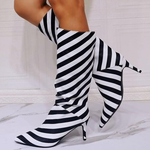 Zebra Print Modern Boots Slip On Simple Style Women Shoes Knee High Boots Heed Calf Pointed Toe Big Size 47