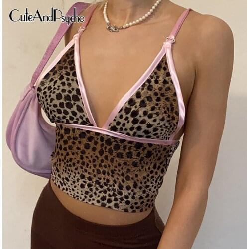 Leopard Printed Hot Brown Camisole Women Deep V-neck Backless Korean Crop Tops Lace-up Spaghetti Strap Vintage Tee Cuteandpsycho