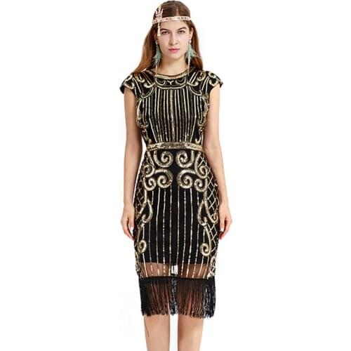 Women Clothes Sequins Costume O-neck Side Zipper Fringe Dinner Party Ballroom Dresses 1920s Flapper Dress Elegant