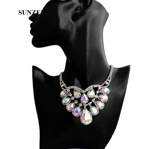Luxurious Colorful Crystals Necklace for Women Waterdrop Shape Beaded Clavicle Chain Bridal Wedding Jewelry NC04