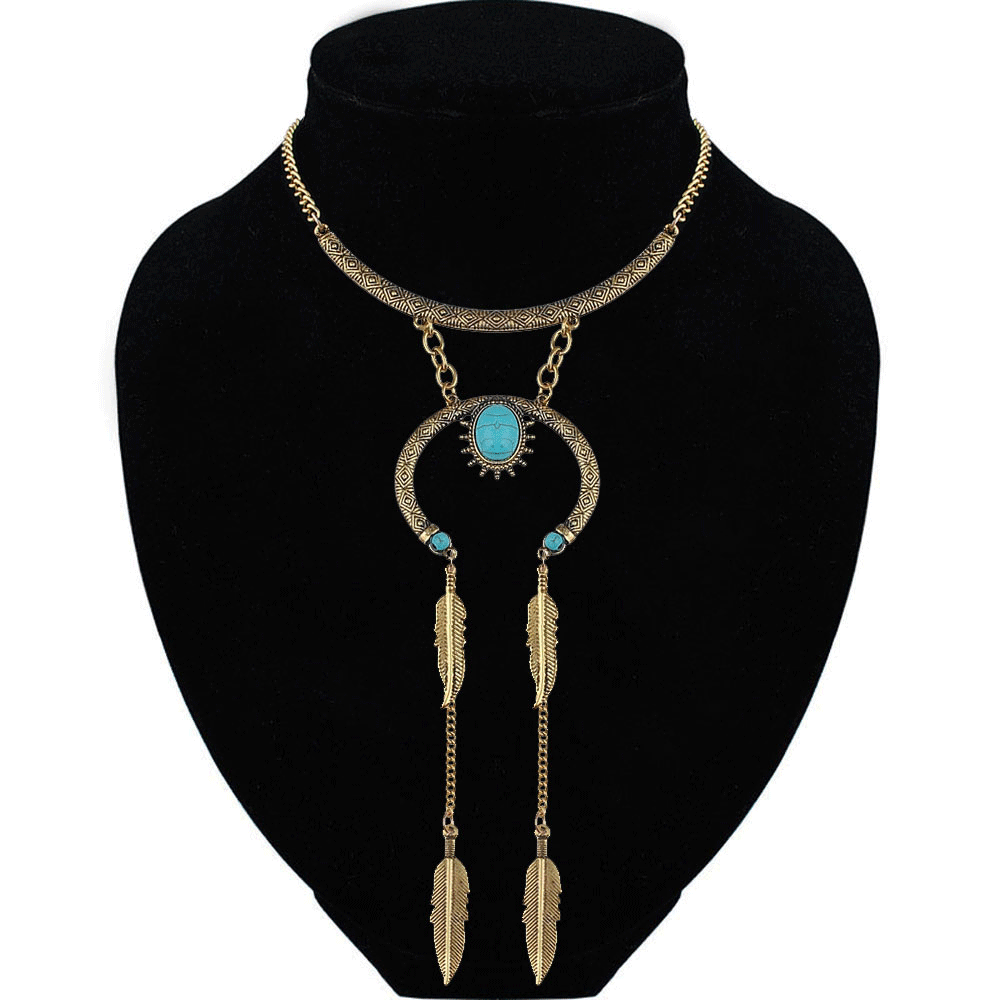 Vintage Bohemia Style Necklace for Women Naturally Stone Feather Tassel Statement Choker Necklace Fashion Jewelry