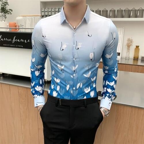 2021 Tops Fashion Shirt Men Casual Autumn Winter Long Sleeve Men Tuxedo Shirt Slim Fit Digital Print Blouse Men Clothing S-3XL