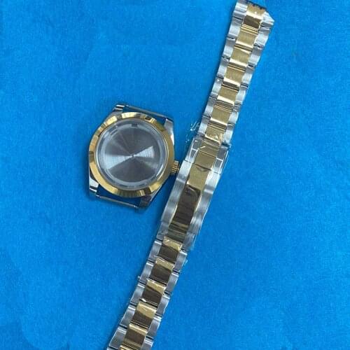 39mm Watch Case + Strap Stainless Steel Middle Gold Case for 8215/2813/3804 Movement