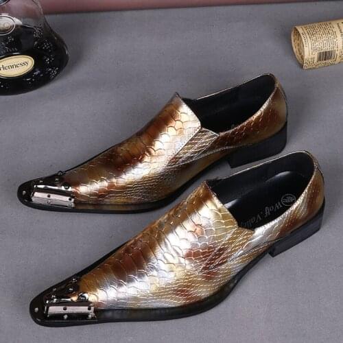 Christia Bella Personalized Fashion Gradation Scale Genuine Leather Male Metal Pointed Toe Dress Shoes Party Formal Mens Shoes