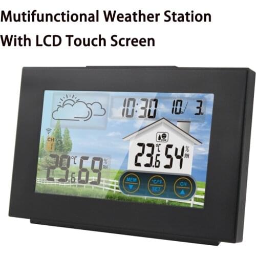 Color Touch Screen Weather Station Clock Indoor Outdoor Temperature Humidity Meter LCD Display Weather Forecast Alarm Clock