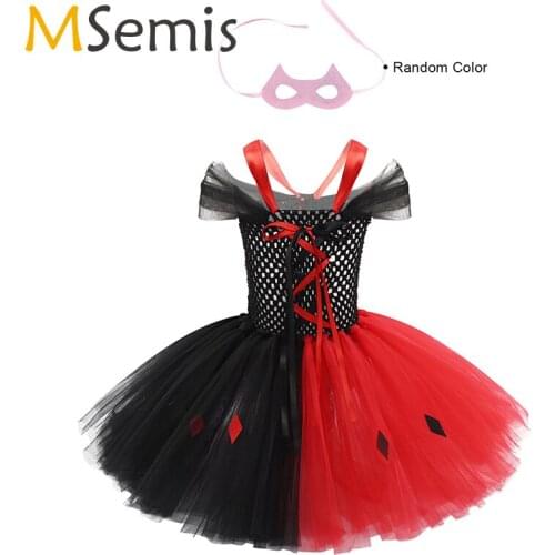 Kids Girls Tutu Dress Clown Costume Set Sleeveless Lace-up Details Mesh Dress With Random Color Mask Halloween Cosplay Dress Up