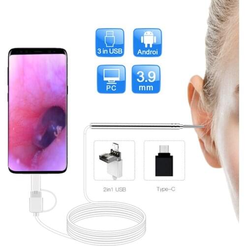 3.9mm Thin Lens HD Visual Ear Endoscope Camera for Adults and Kids With 6 LED Otoscope with Earwax Cleaning Tool for Android PC